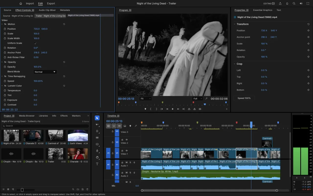 FilmCraft, the open-source video editor from ArtCraft, with effect controls, program monitor, and a multi-track timeline