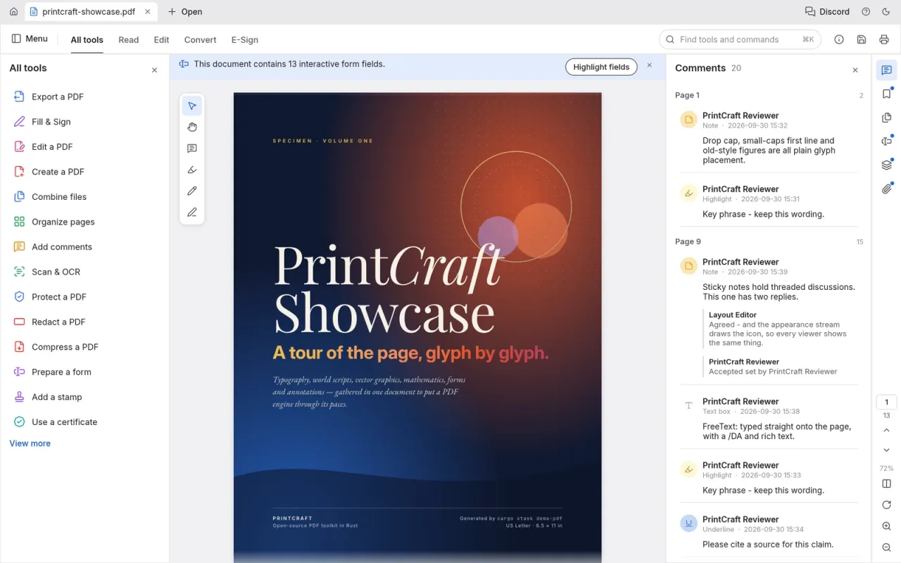 PdfCraft, the open-source PDF workbench from ArtCraft, showing a document with threaded comments