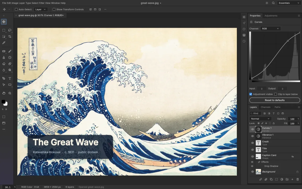 PhotoCraft, the open-source image editor from ArtCraft, editing The Great Wave with a Curves adjustment layer and type layers