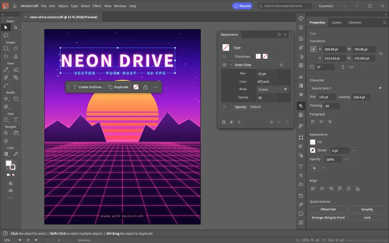 VectorCraft, the open-source vector illustration app from ArtCraft, editing a neon illustration
