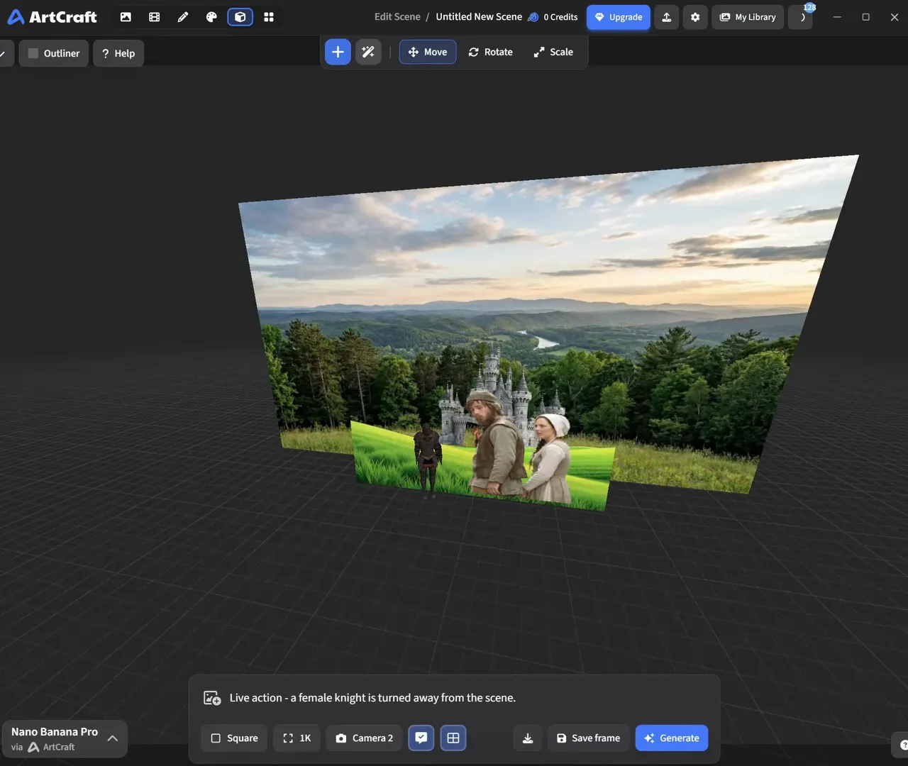 A 3D scene blockout in ArtCraft, the kind of staging Seedance 2.5's clay render references are designed for